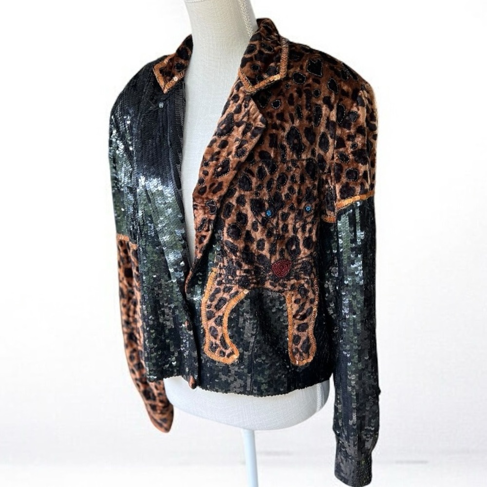🌻Vintage MODI Exotic Leopard Jeweled Beaded Silk Jacket Circa 1980s Size Medium - Picture 6 of 12